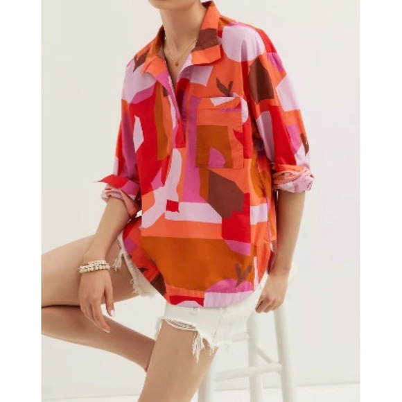 Maeve Tops - Anthropologie Maeve Breezy Popover Blouse S Cotton Long Slv Geometric Red Pink